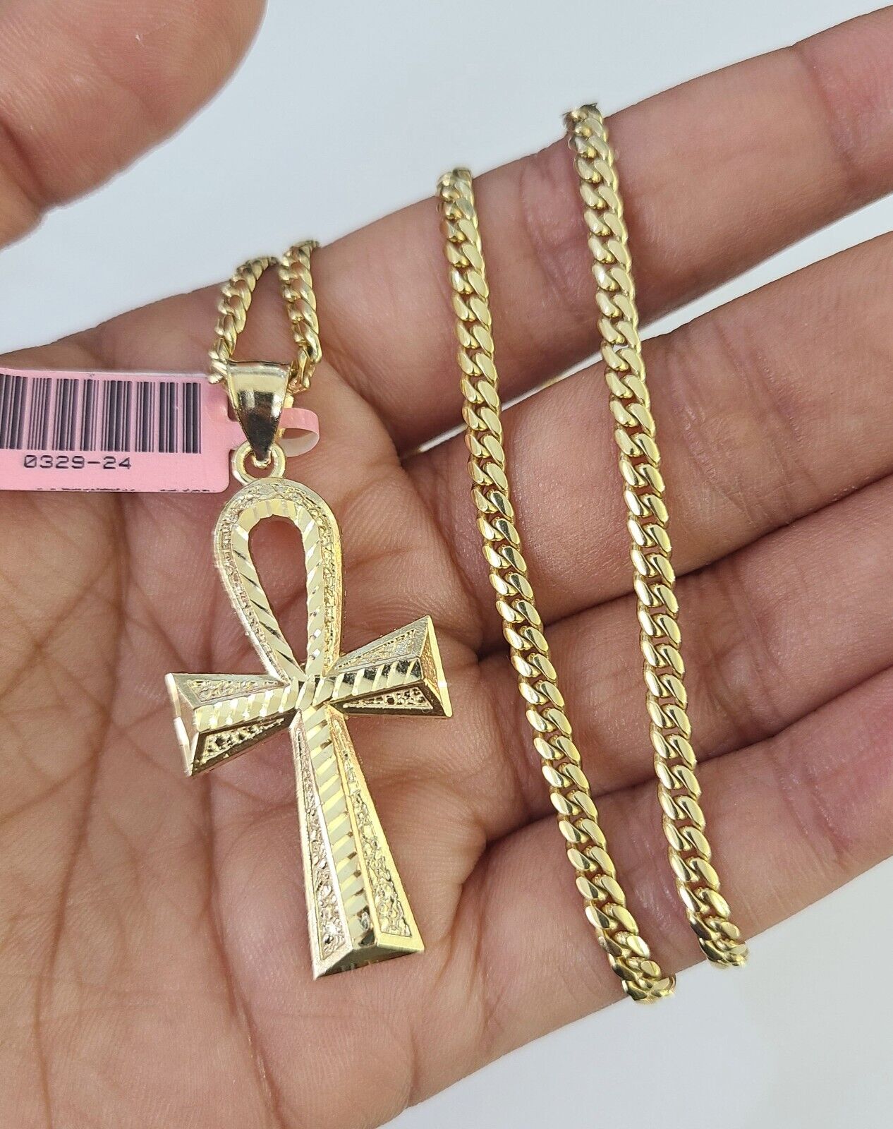 Real 14k Solid Chain Cross Charm Set Miami Cuban Link 3mm Necklace Pendant Gold