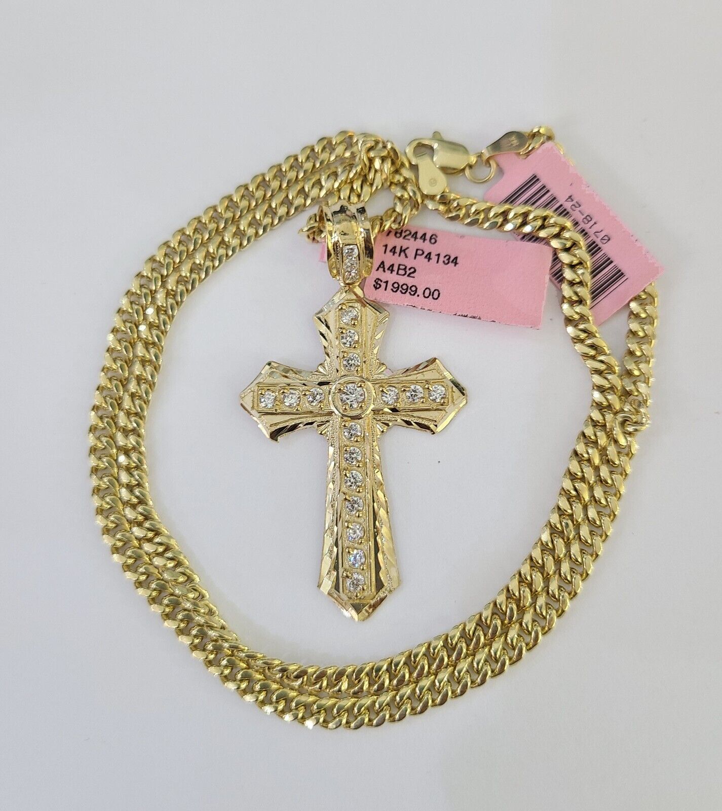 Real 14k Chain Cross Charm Set Miami Cuban Link 4mm Necklace Pendant Yellow Gold