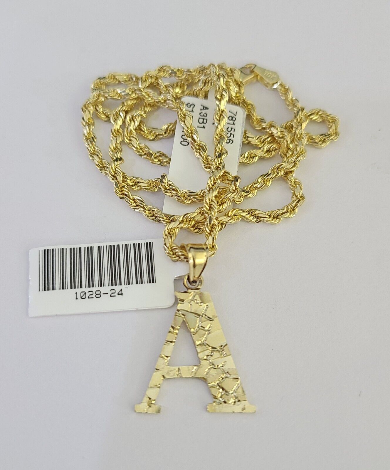 10k Gold Initial A Charm Rope Chain 16"-26" 2.5mm SET Necklace Alphabet Pendant