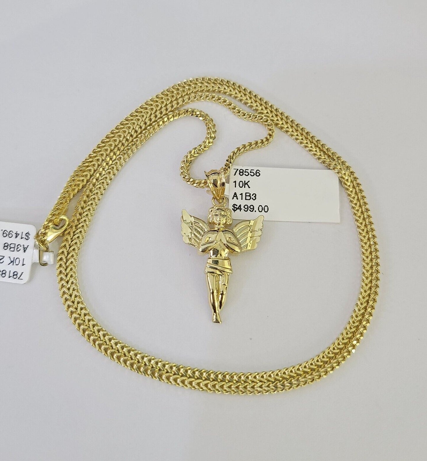 10K Franco Chain Praying Angel Pendant Charm Necklace 16"-24" 2mm Gold SET