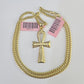 Real 14k Solid Chain Cross Charm Set Miami Cuban Link 3mm Necklace Pendant Gold