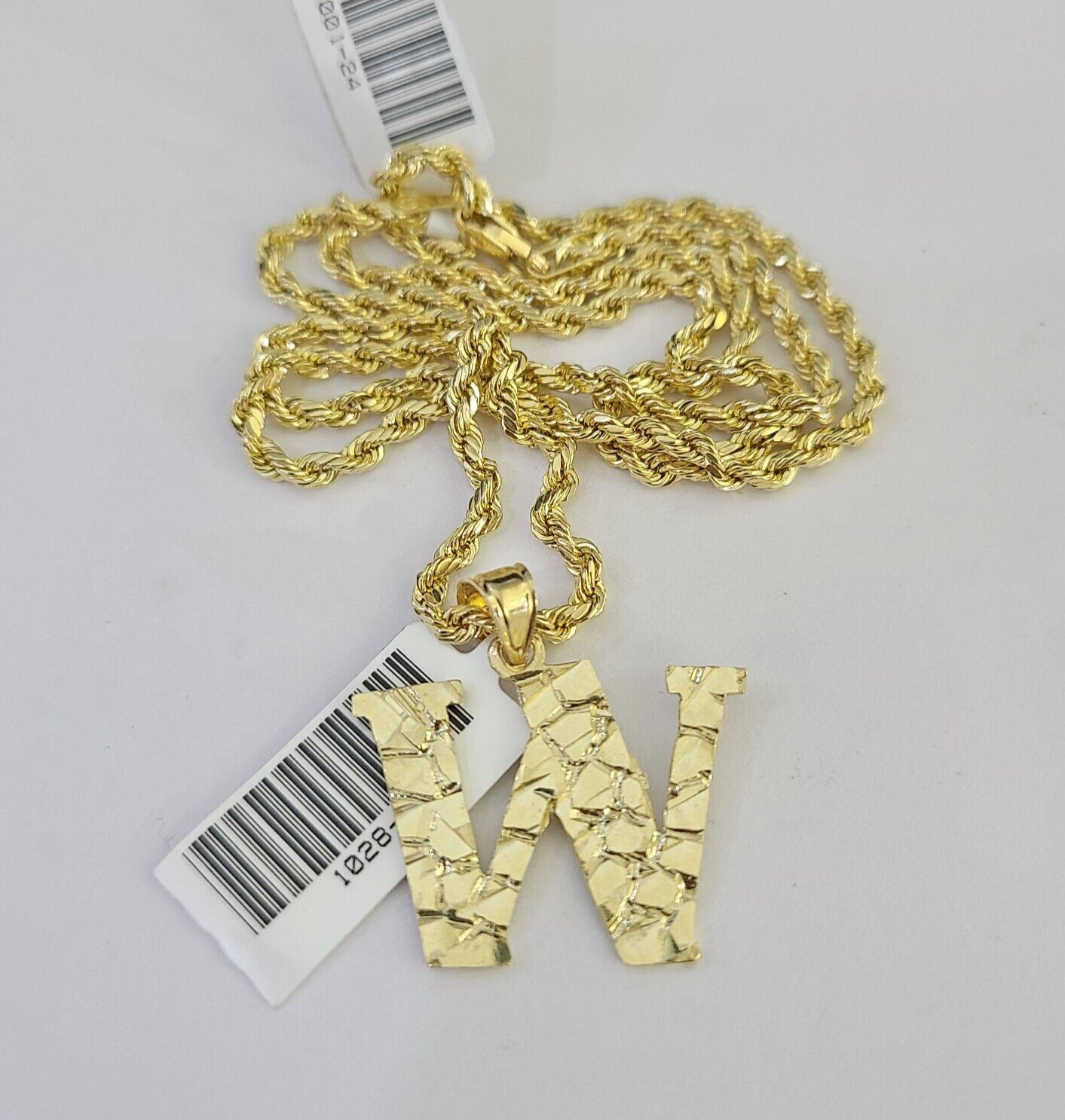 10k Gold Initial W Charm Rope Chain 16"-26" 2.5mm SET Necklace Alphabet Pendant