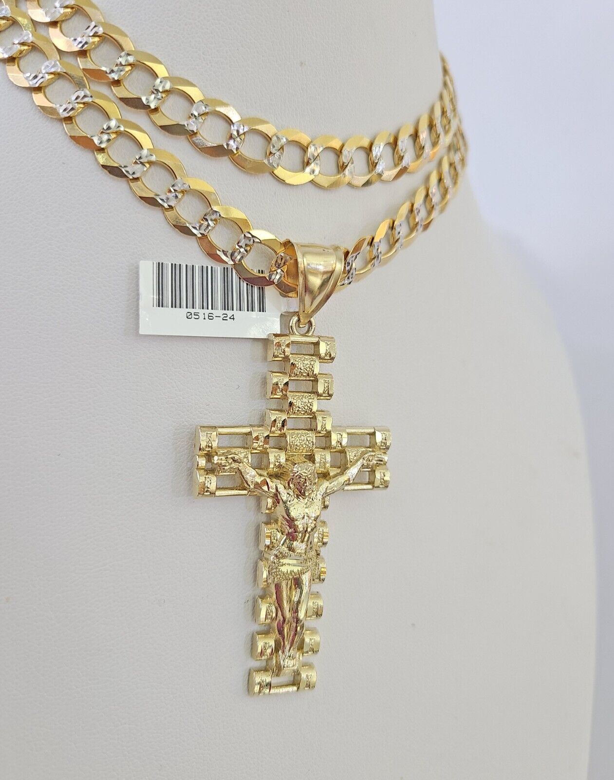 10k Gold Chain Cross Charm Solid Cuban Curb Necklace 9mm 20"-30" Diamond Cut SET