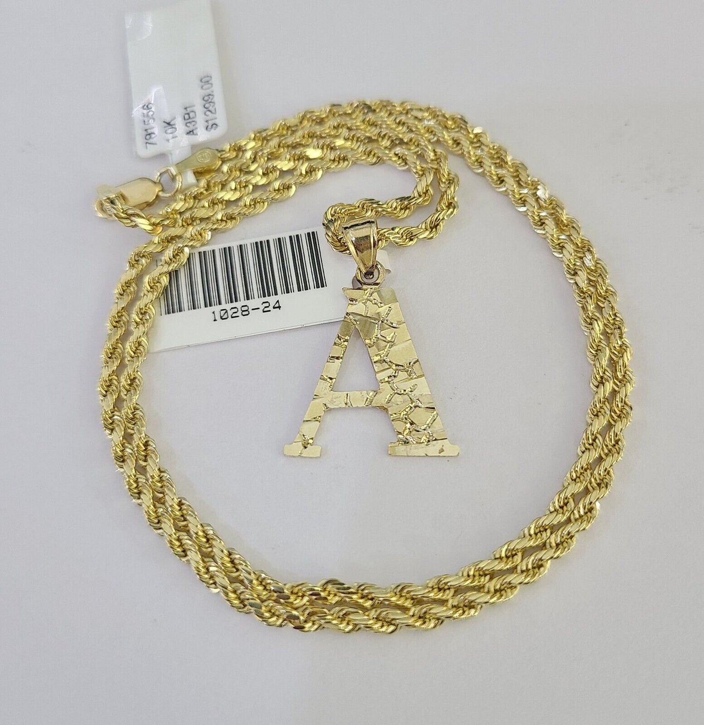 10k Gold Initial A Charm Rope Chain 16"-26" 2.5mm SET Necklace Alphabet Pendant