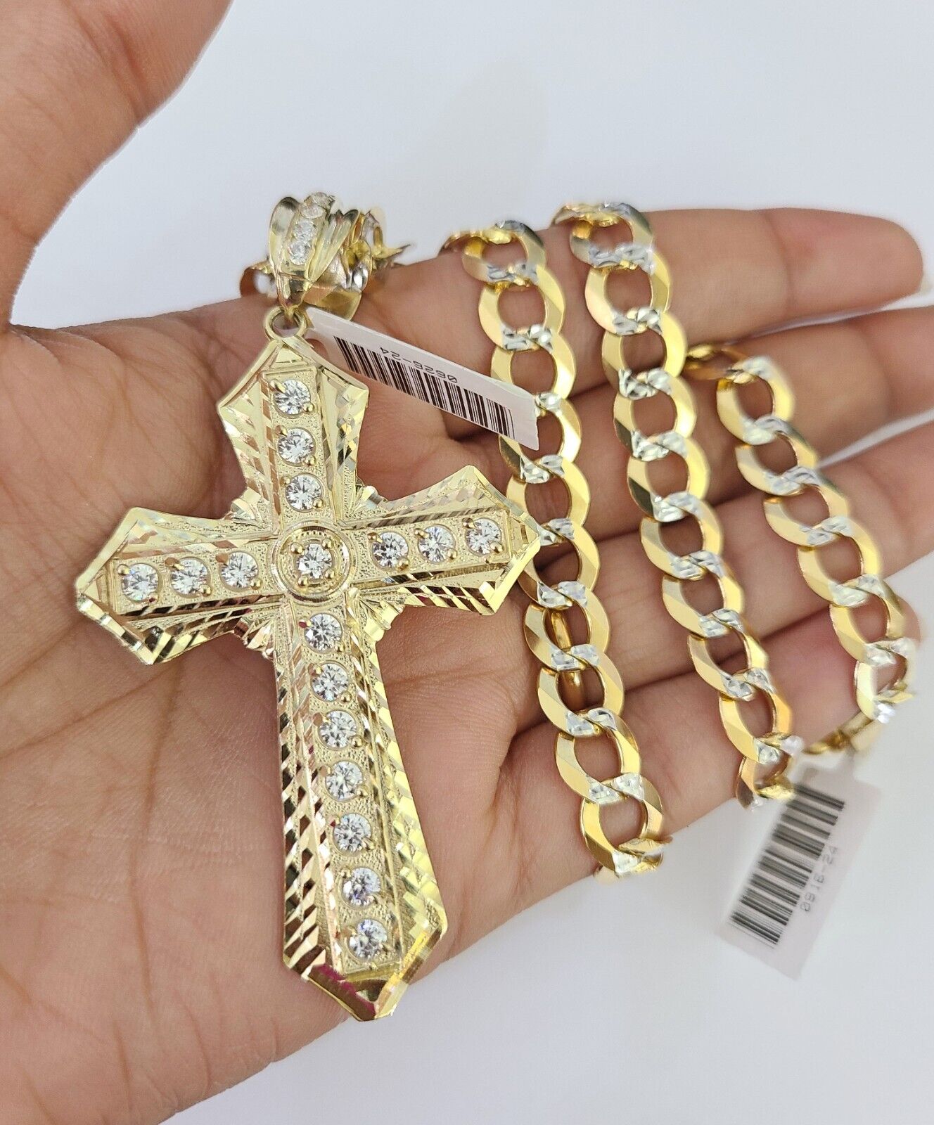 10k Gold Chain Cross Charm Solid Cuban Curb Necklace 9mm 20"-30" Diamond Cut SET