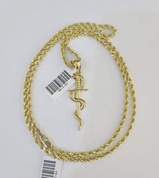 10k Solid Rope Chain 3mm Snake Sword Pendant Charm Necklace SET 18-28 in