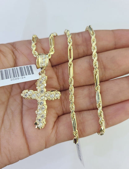 10k Milano Rope Chain Jesus Cross Charm Necklace SET 3mm 18" 20" 22" 24"