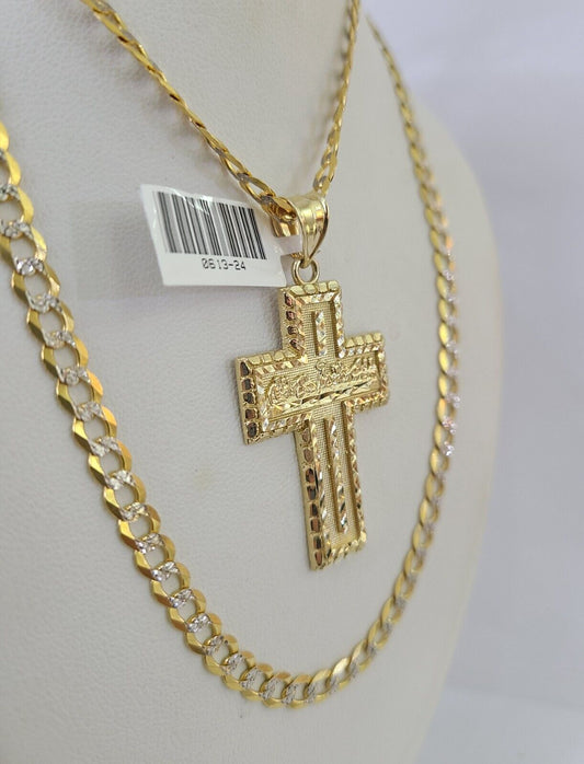 10k Gold Chain Last Supper Cross Charm Solid Cuban Curb 5mm 18"-28" Inch SET