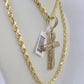 10k Solid Rope Chain Jesus Cross Charm Diamond Set 4mm 20"-28" Necklace Gold