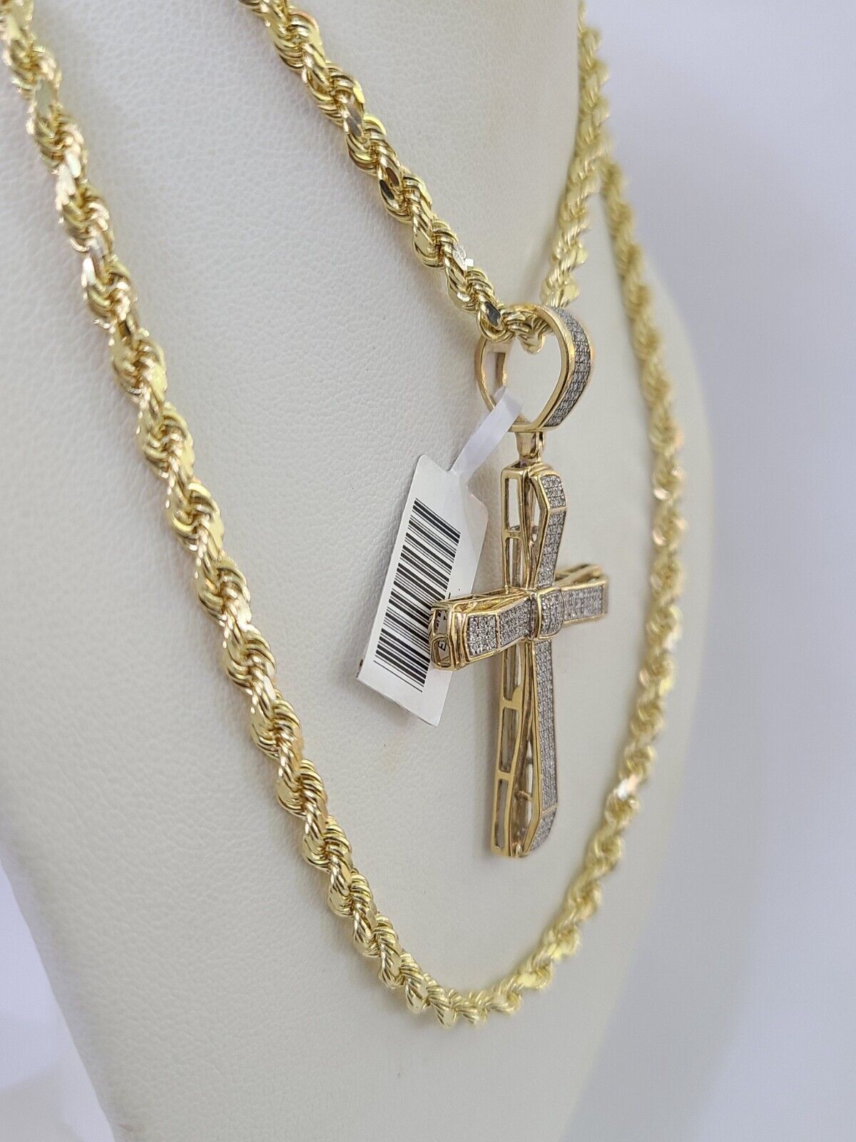 10k Solid Rope Chain Jesus Cross Charm Diamond Set 4mm 20"-28" Necklace Gold