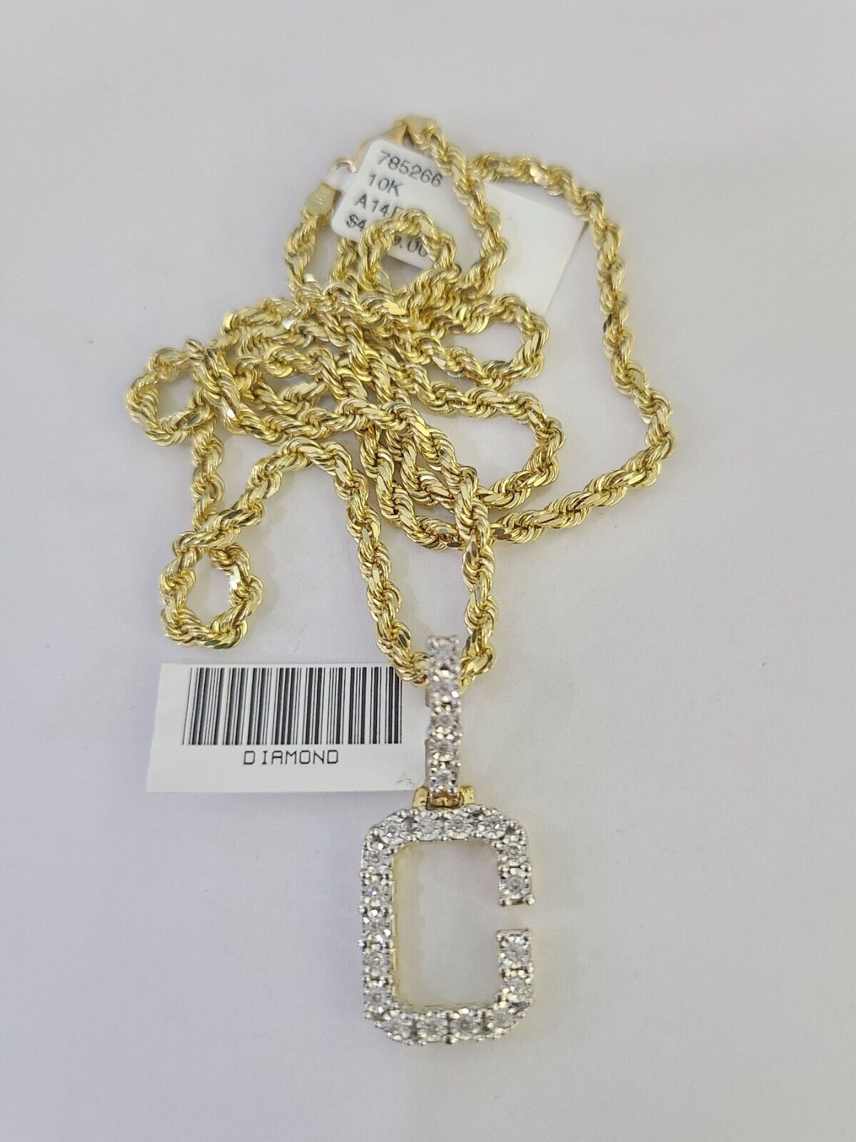 10k 3mm Rope Solid Chain C Diamond Pendant Alphabet 18"-28" Gold Charm Necklace