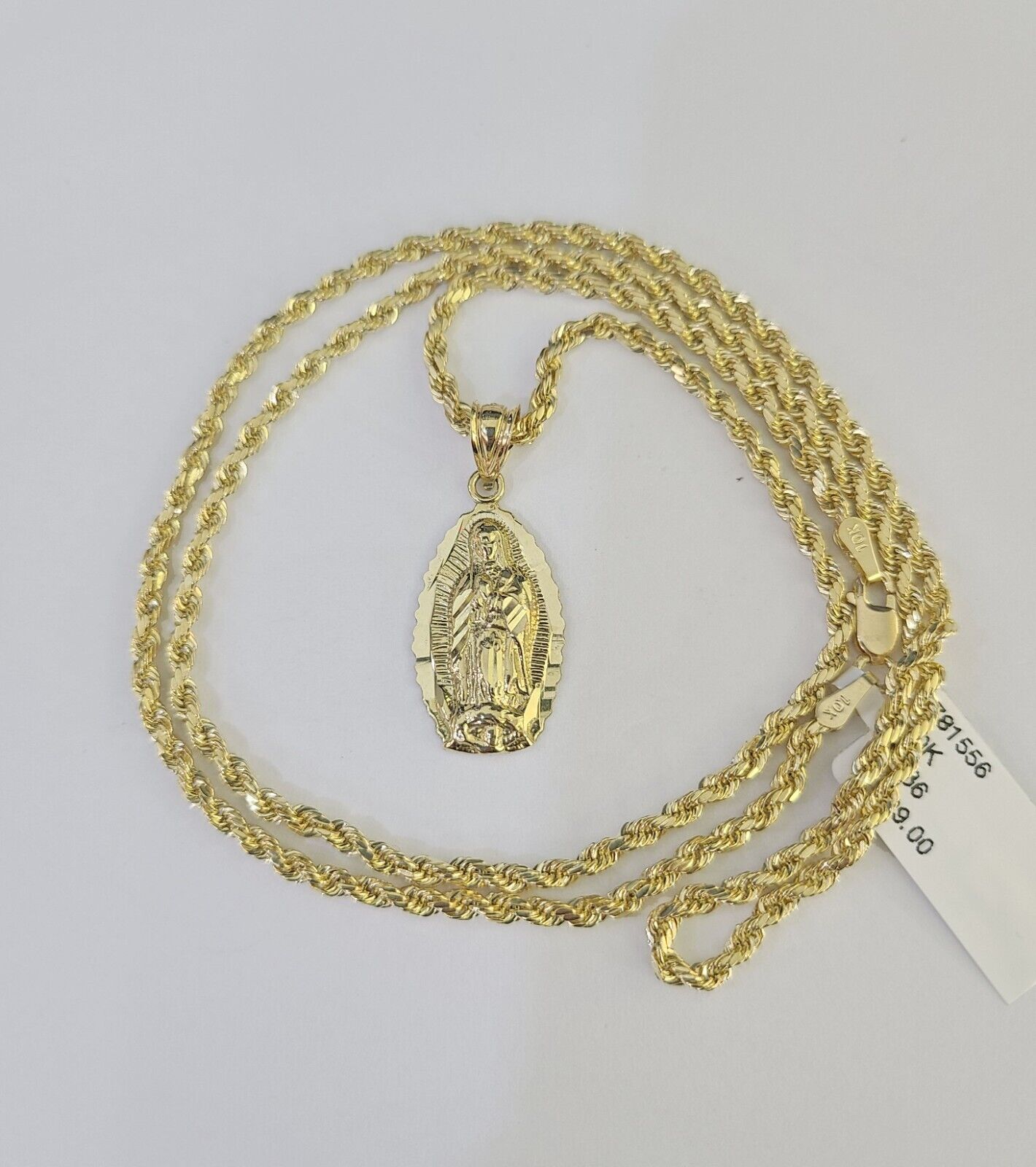 10k Rope Chain Virgin Mary Pendant 18"-30" Yellow Gold Set Charm Necklace 3mm