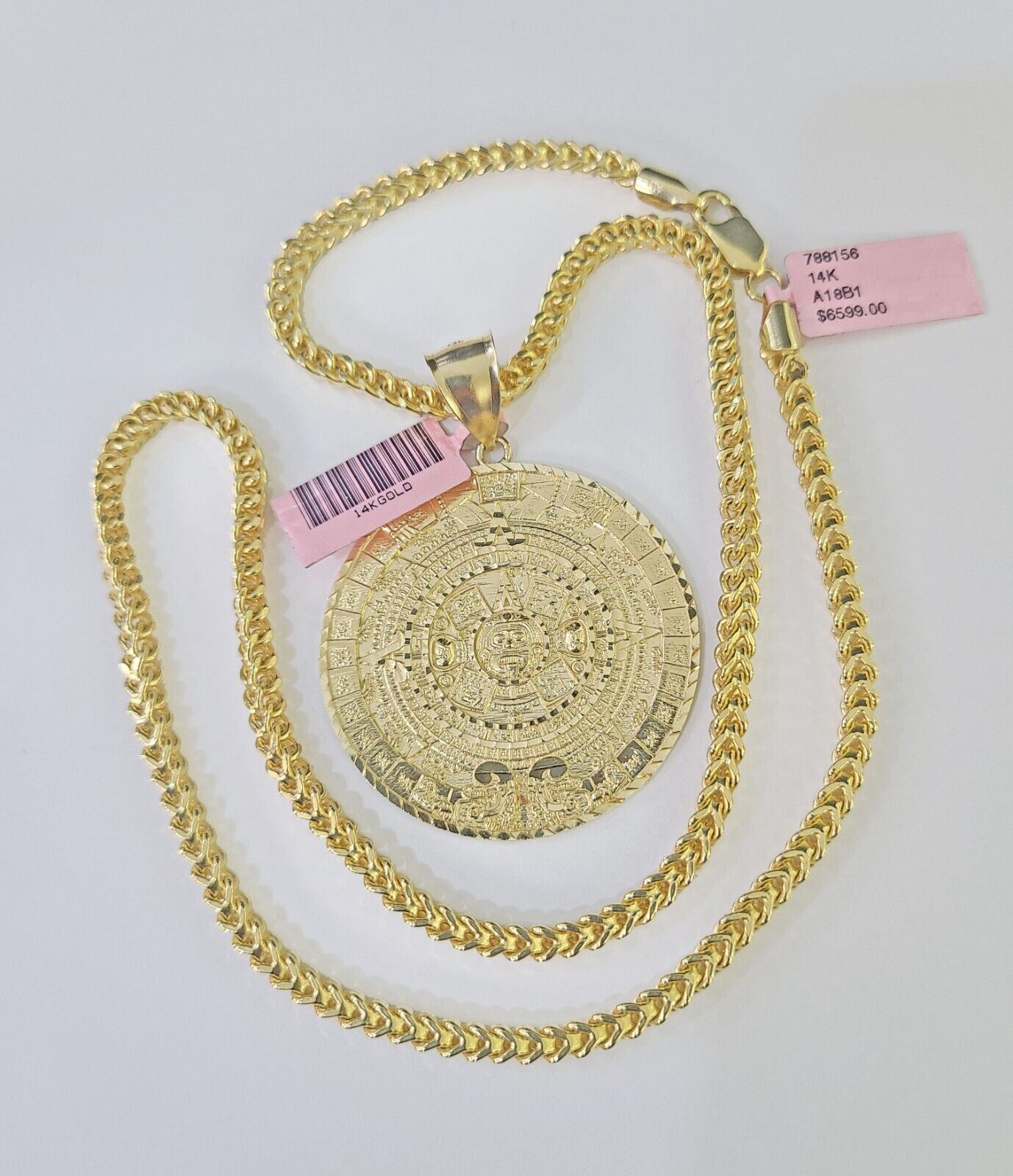 Real 14k Gold Franco Necklace Chain Mayan Calendar Charm 18"-26" SET For Mens