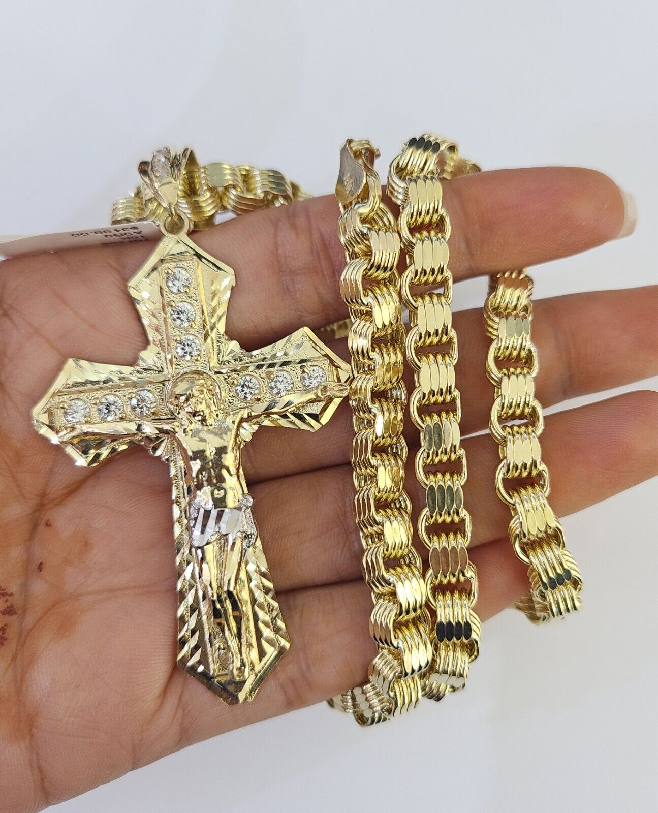 10k Gold Byzantine Necklace Jesus Cross Charm 20-30 inches 6mm SET Chain Pendant