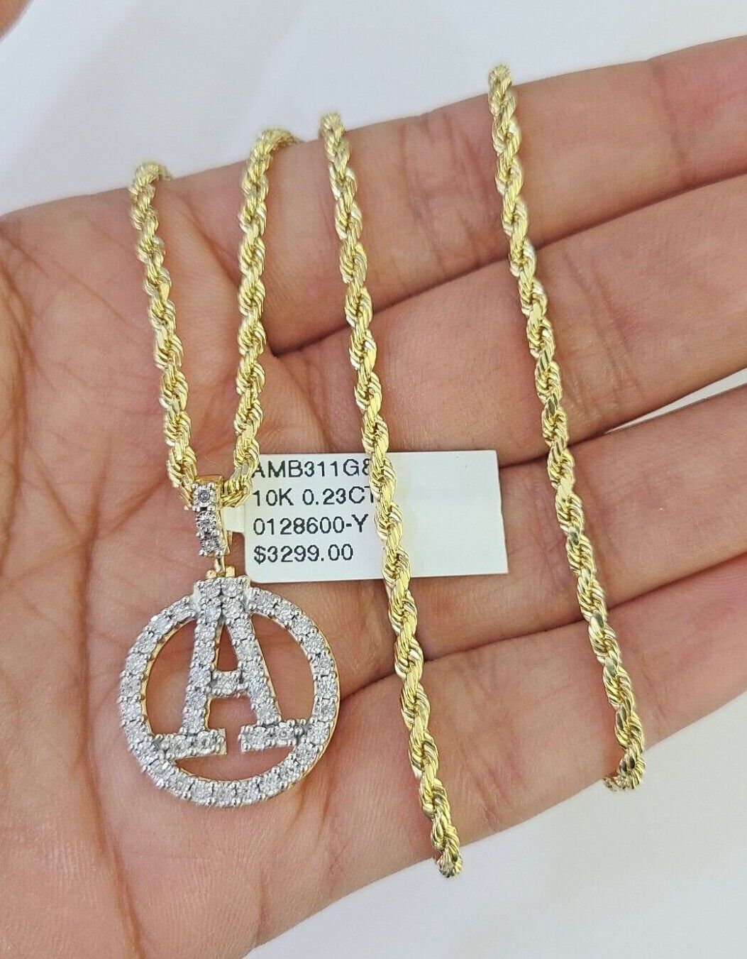 10k 3mm Rope Chain A Diamond Pendant Alphabet 18"-30" Gold Set Charm Necklace