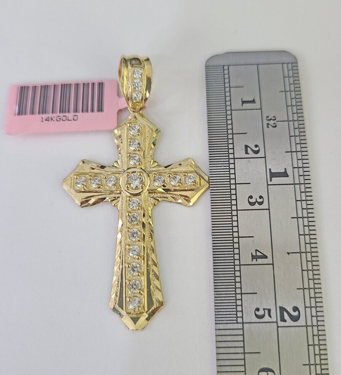 14k Jesus Christ CZ Cross Charm Pendant 2" Yellow Gold REAL Genuine Diamond Cuts