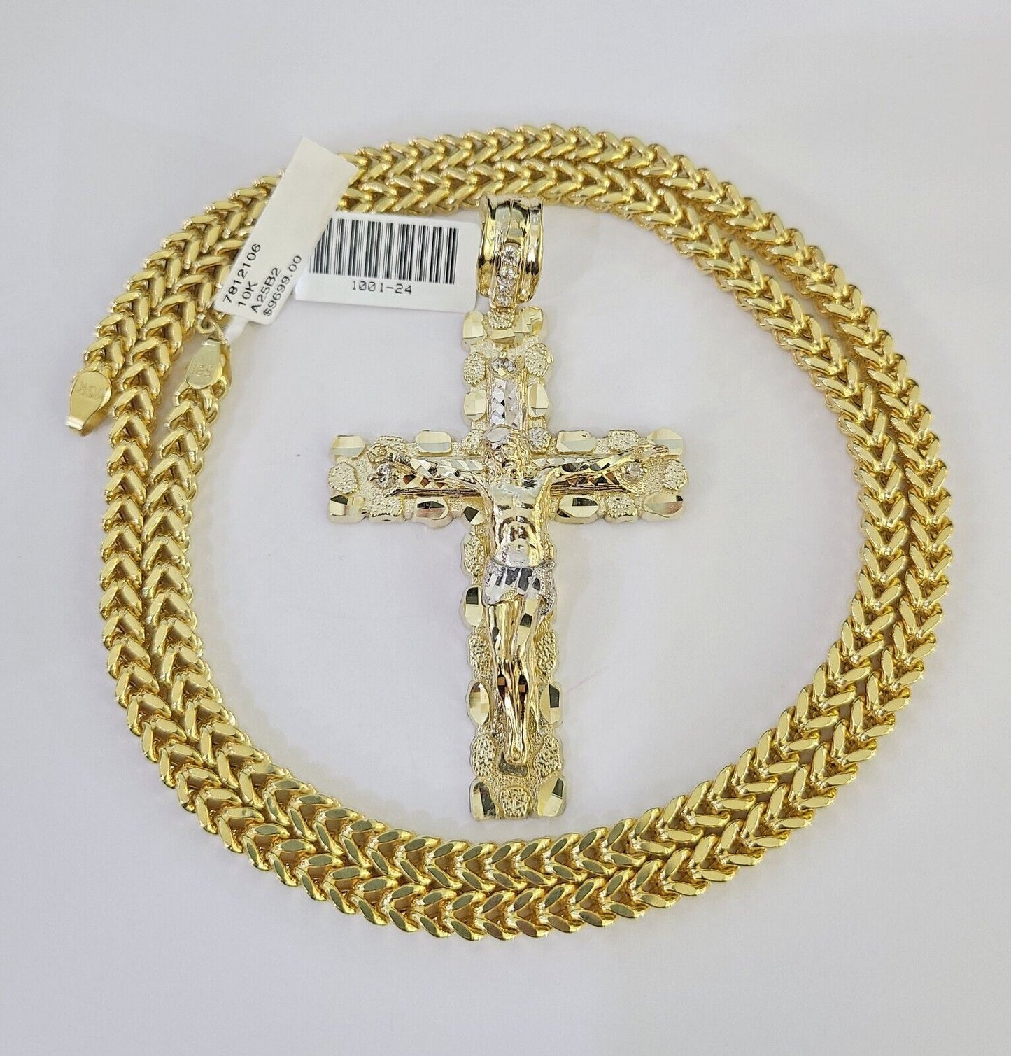 10K Franco Chain Jesus Cross Pendant Charm Necklace 20"-26" 5mm Gold Yellow SET