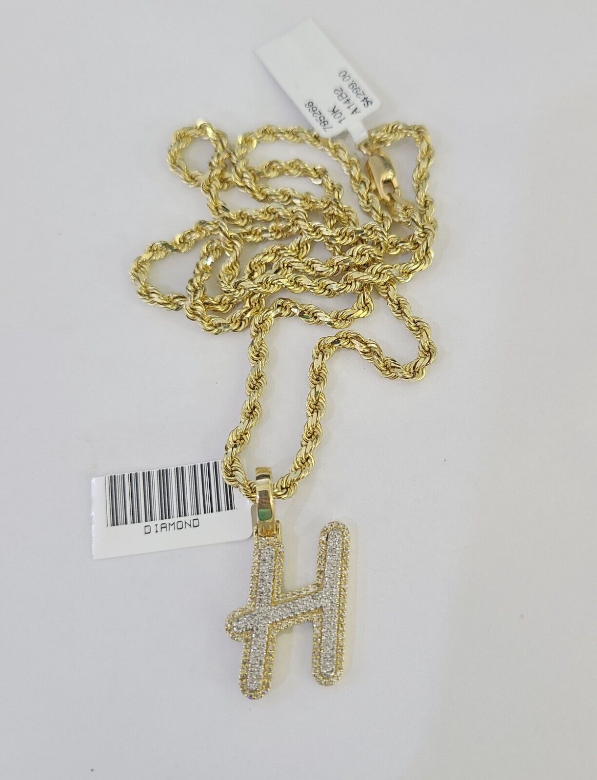 10k 3mm Rope Solid Chain H Diamond Pendant Alphabet 18"-28" Gold Charm Necklace