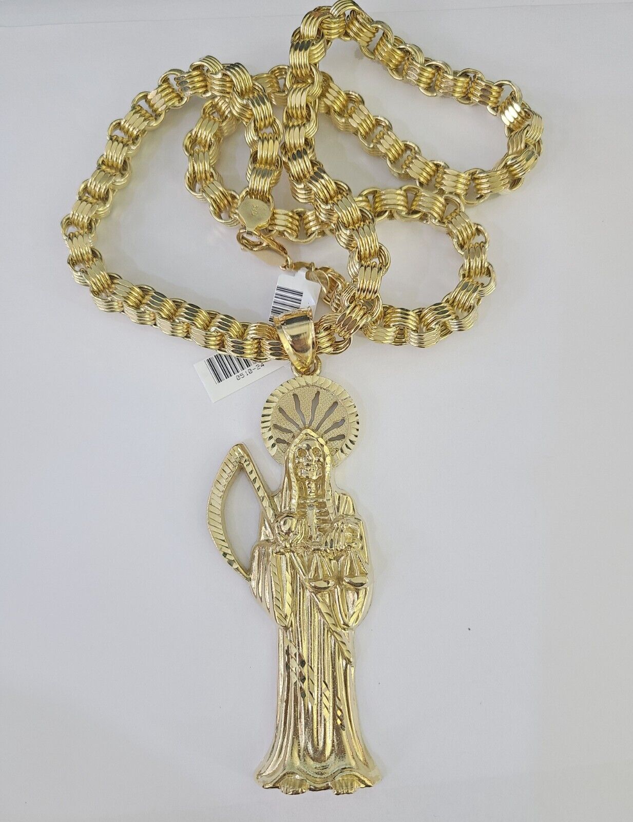 10k Gold Byzantine Necklace Reaper Charm 20-30 inches 9mm REAL SET Chain