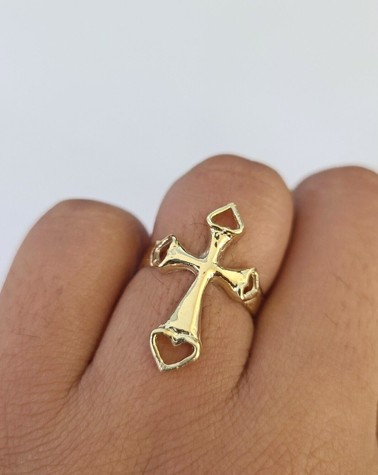 Real 14k Jesus Cross Hearts Ring Band Casual Wedding Engagement Yellow Gold