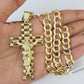 10k Gold Chain Cross Charm Solid Cuban Curb Necklace 9mm 20"-30" Diamond Cut SET