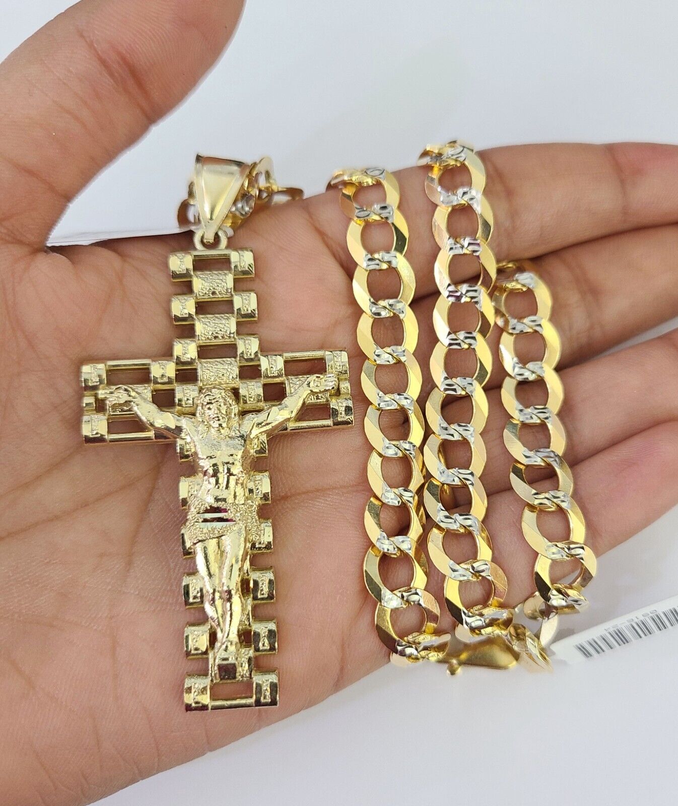 10k Gold Chain Cross Charm Solid Cuban Curb Necklace 9mm 20"-30" Diamond Cut SET