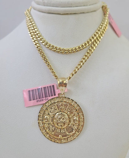 Real 14k Chain Mayan Calendar Charm Set Miami Cuban Link 4mm Necklace Pendant