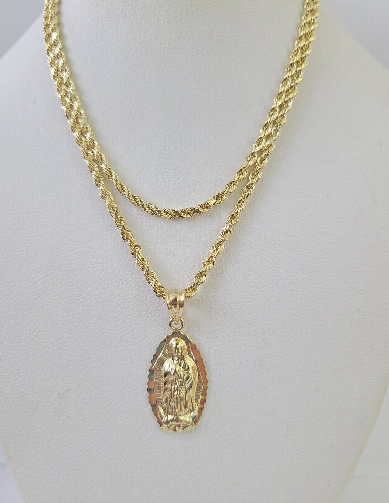 10k Rope Chain Virgin Mary Pendant 18"-30" Yellow Gold Set Charm Necklace 3mm