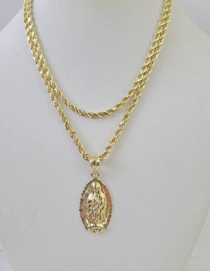 10k Rope Chain Virgin Mary Pendant 18"-30" Yellow Gold Set Charm Necklace 3mm