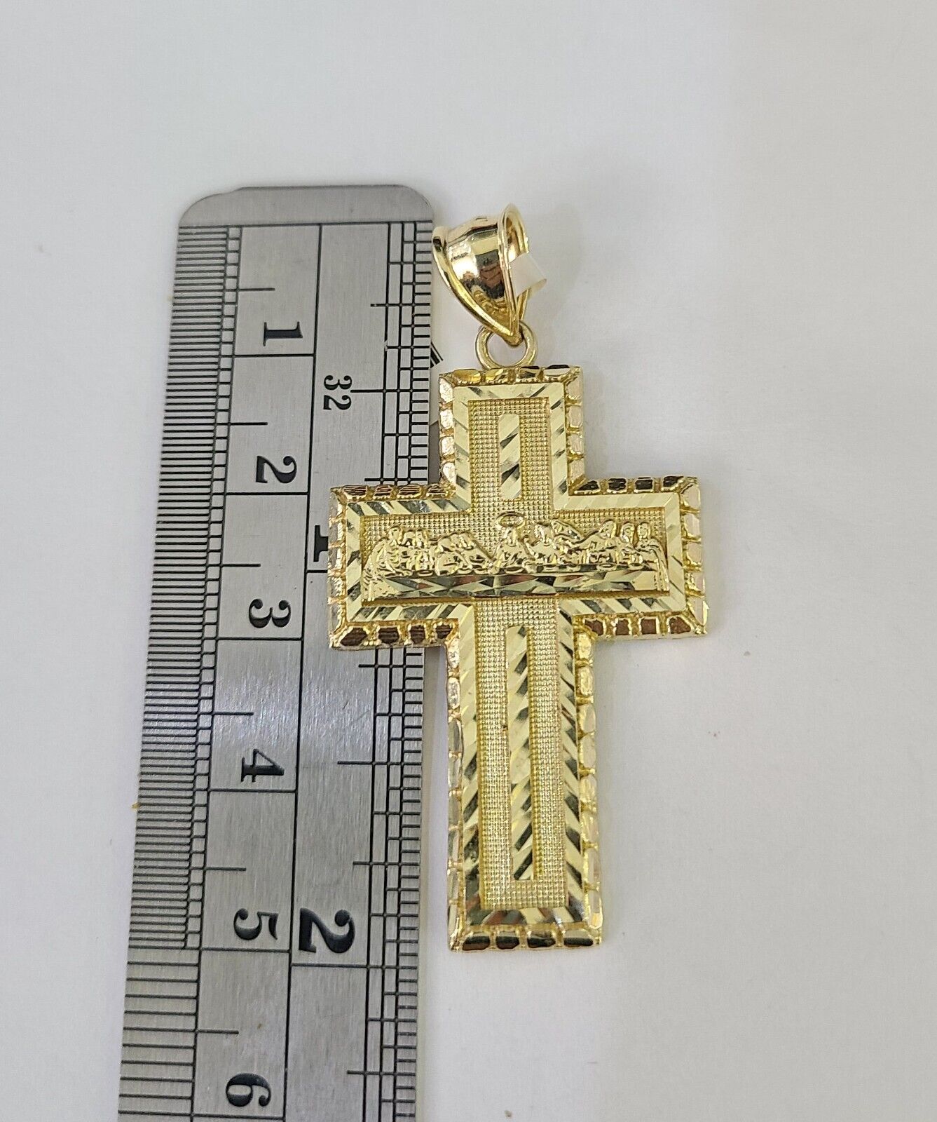 10k Gold Chain Last Supper Cross Charm Solid Cuban Curb 5mm 18"-28" Inch SET