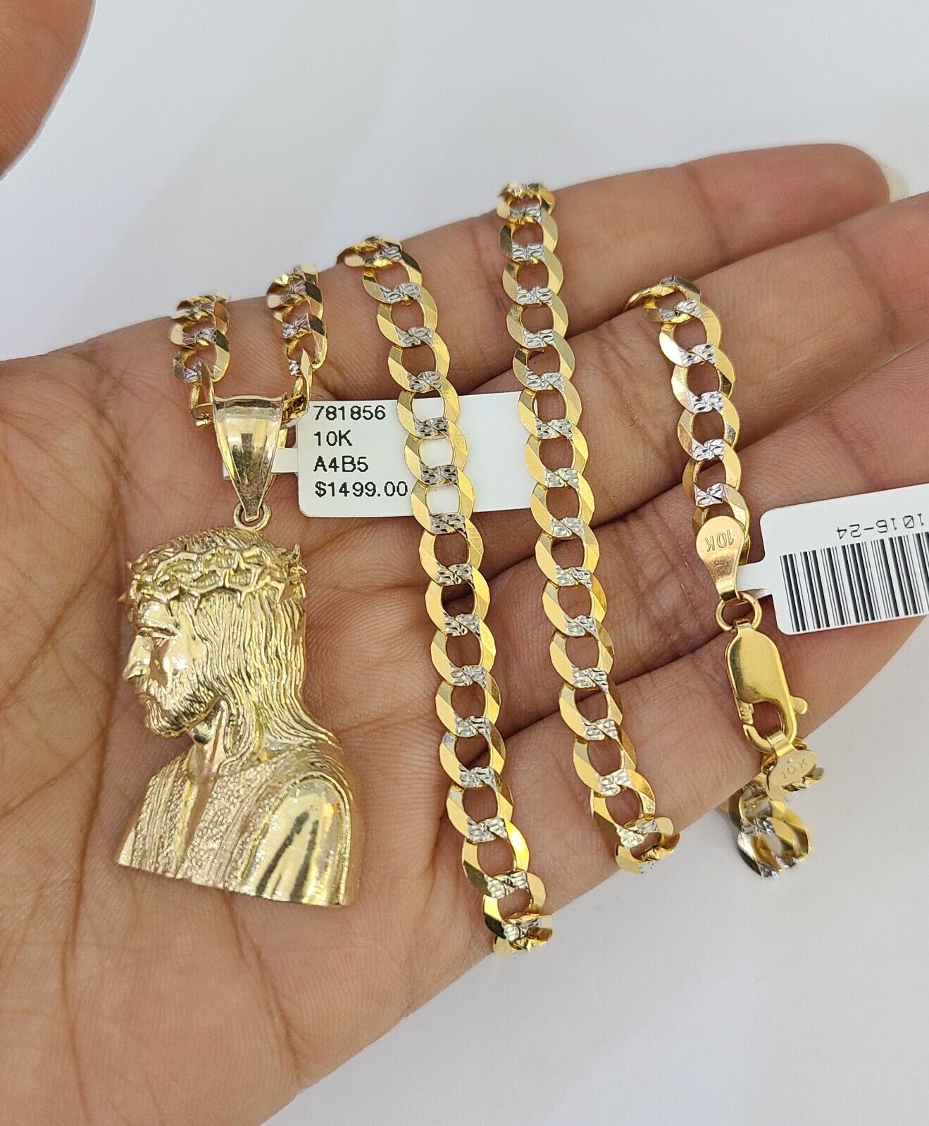 Solid 10k Gold Cuban Curb Link Chain Jesus Head Pendant 6mm 20-30" SET Necklace Two-tome