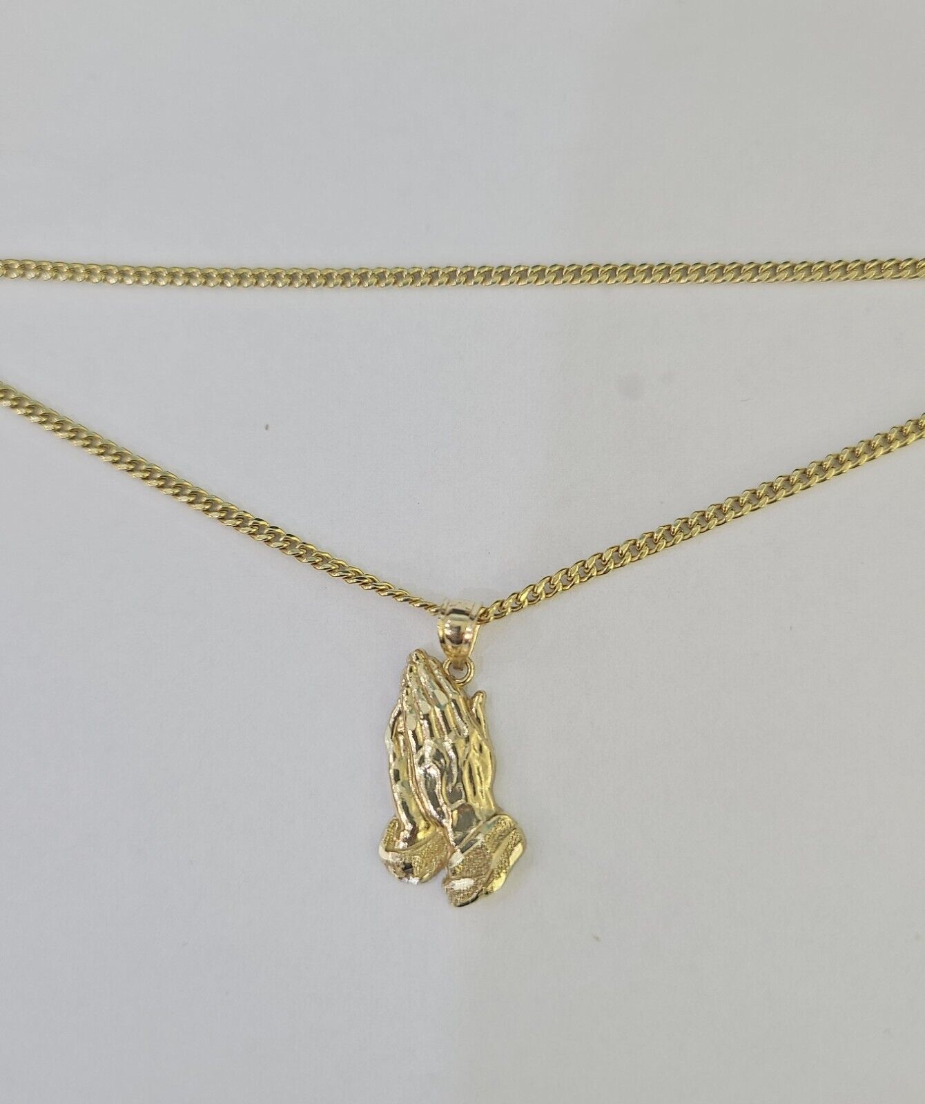 14k Miami Cuban Chain Praying Hands Charm Pendant 2mm 18"-24inch SET Necklace