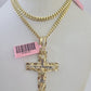 Real 14k Chain Cross Charm Set Miami Cuban Link 4mm Necklace Pendant Yellow Gold