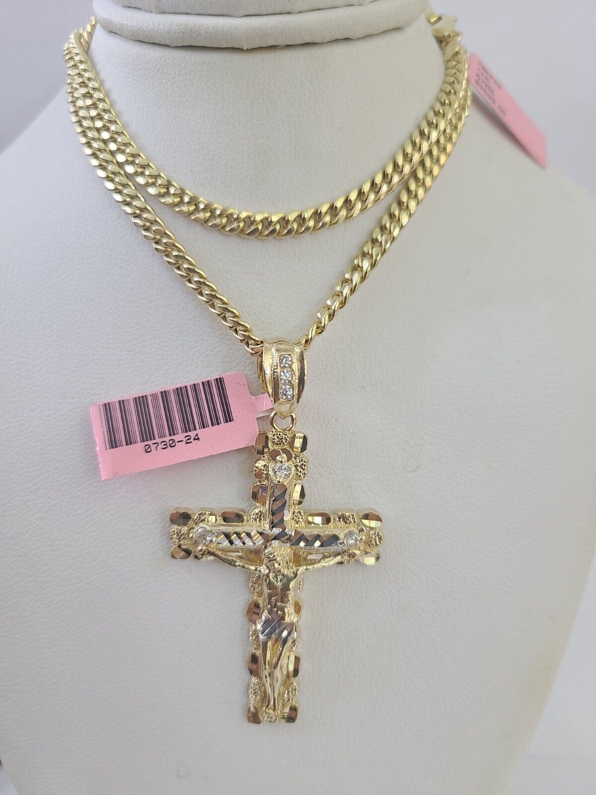 Real 14k Chain Cross Charm Set Miami Cuban Link 4mm Necklace Pendant Yellow Gold