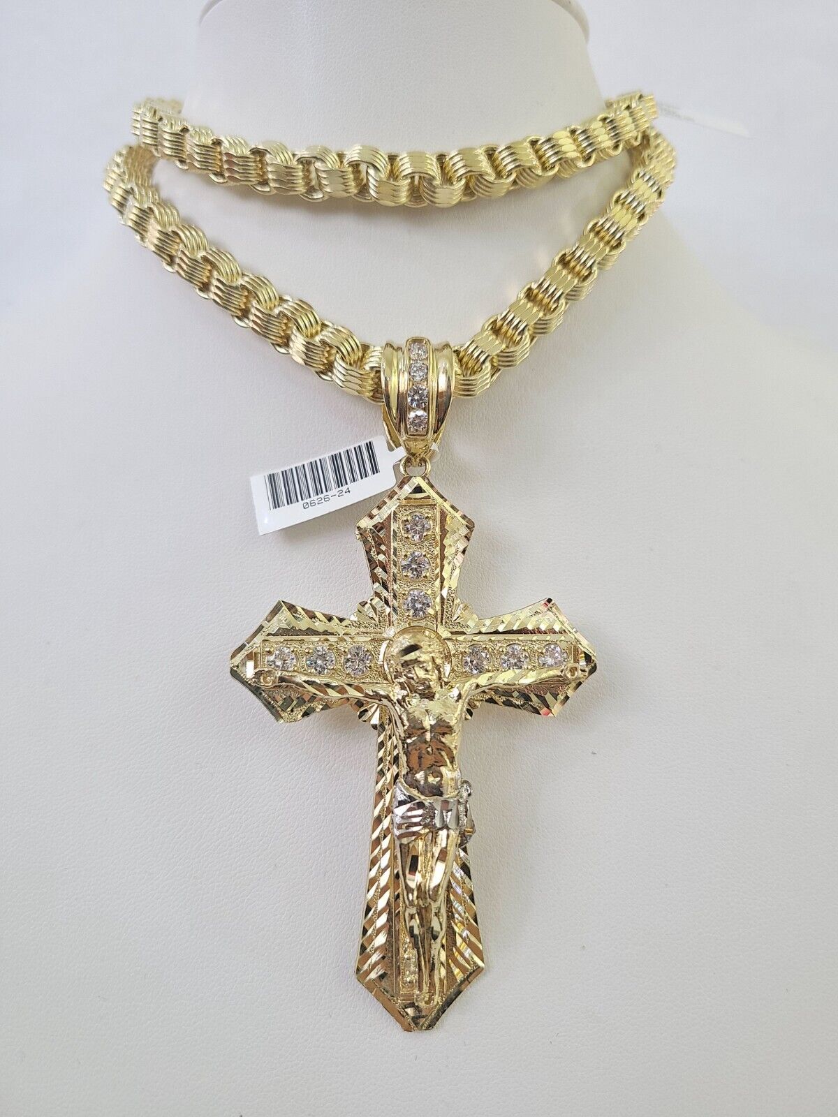 10k Gold Byzantine Necklace Jesus Cross Charm Pendant 20"-30" 8mm REAL SET Chain