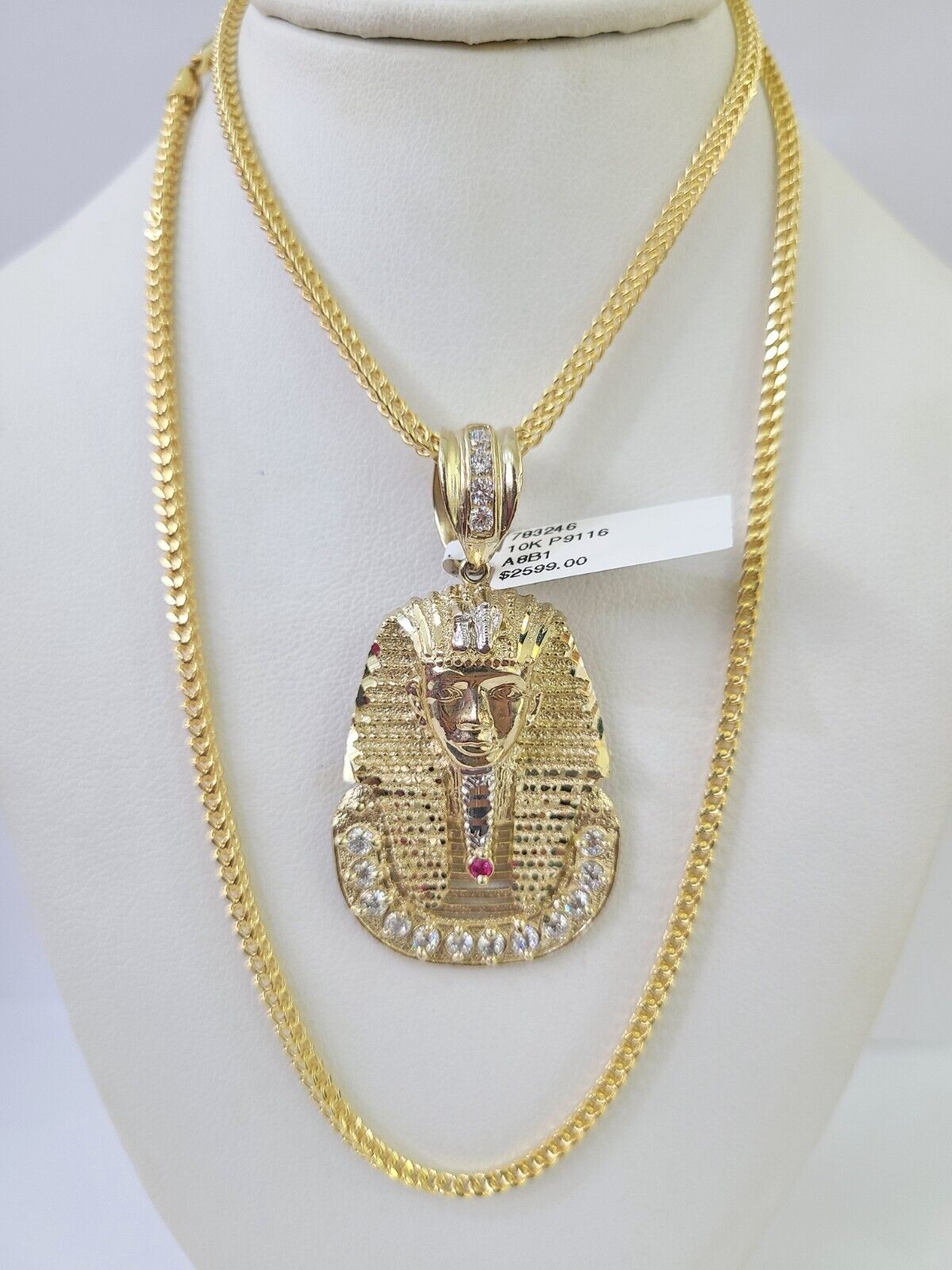 10K Franco Chain Pharaoh Head Pendant Charm Necklace 20"-26" 2.5mm Yellow Gold