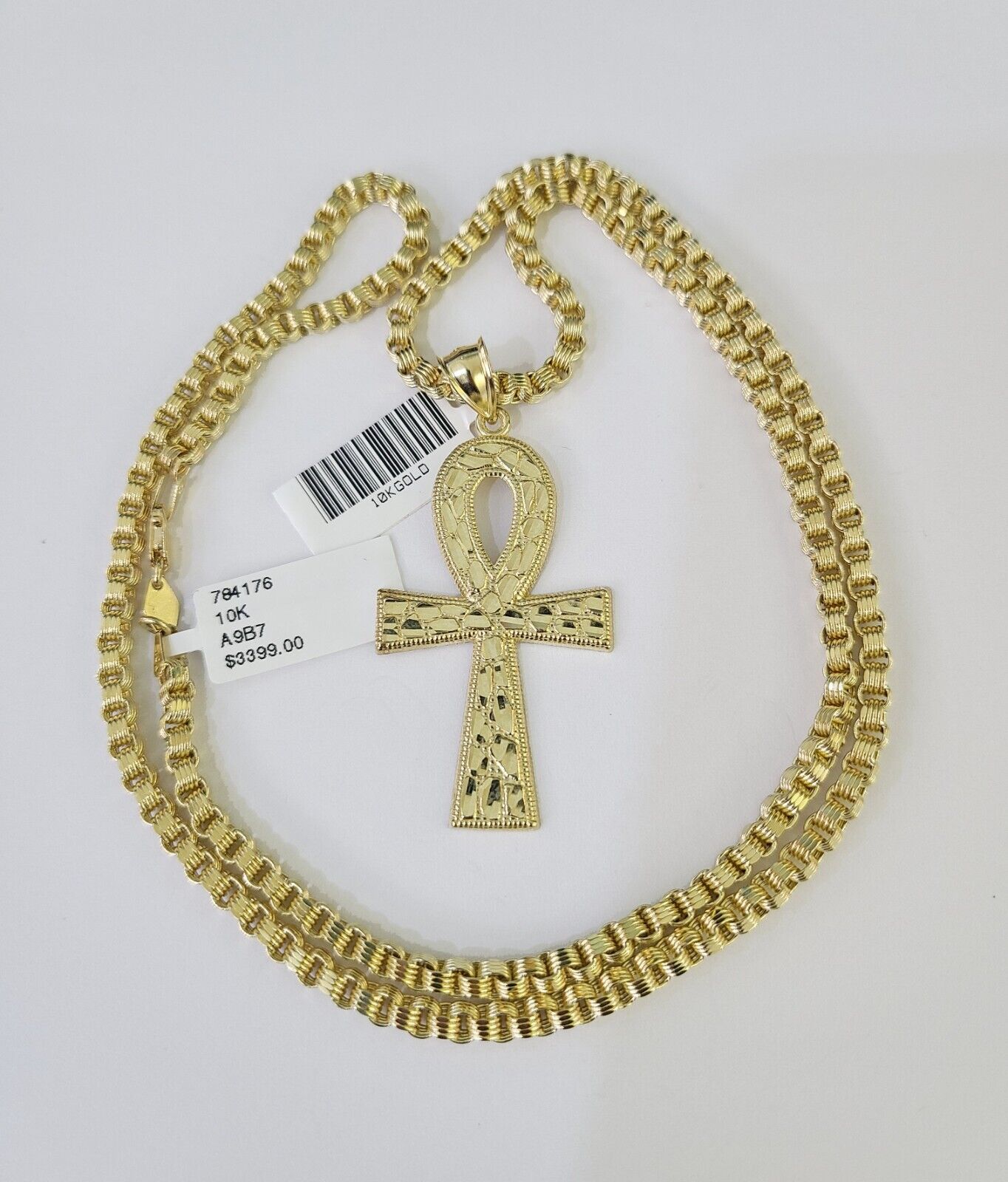 10k Gold Byzantine Necklace Ankh Cross Charm 18-28 inch 3mm SET Chain Pendant