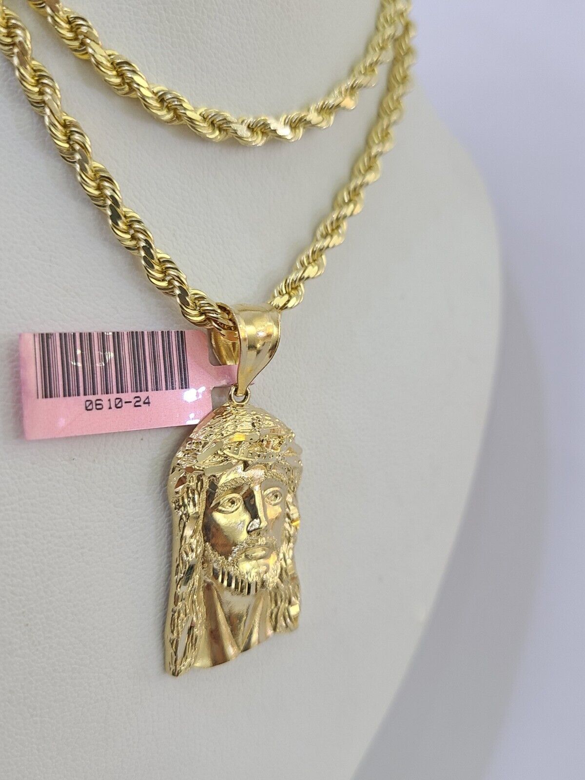 Yellow Jesus Chain 14k Solid Rope Chain Jesus Head Charm Set 4mm 18