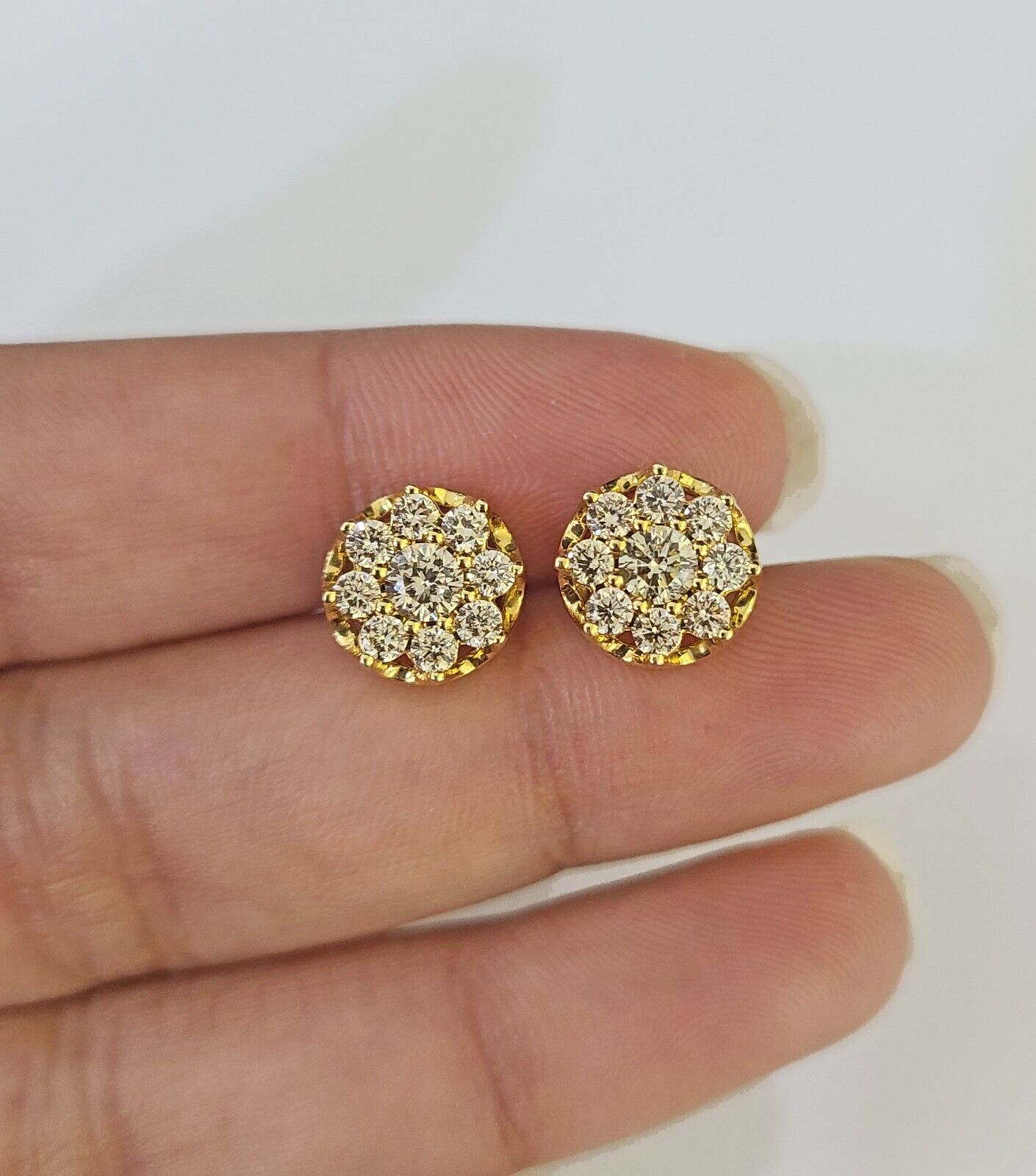 10k Diamond Flower Earrings Yellow gold Real screw-back Women Men Studs