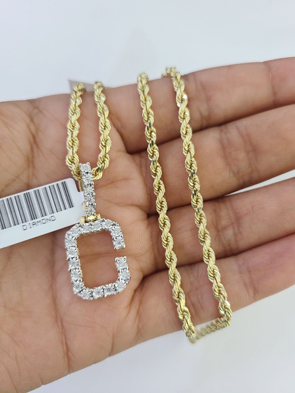 10k 3mm Rope Solid Chain C Diamond Pendant Alphabet 18"-28" Gold Charm Necklace