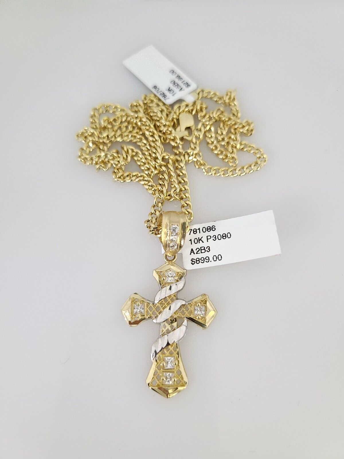 10k Gold Miami Cuban Chain Spiral Cross Charm Pendant 3mm 18-28in Necklace Set