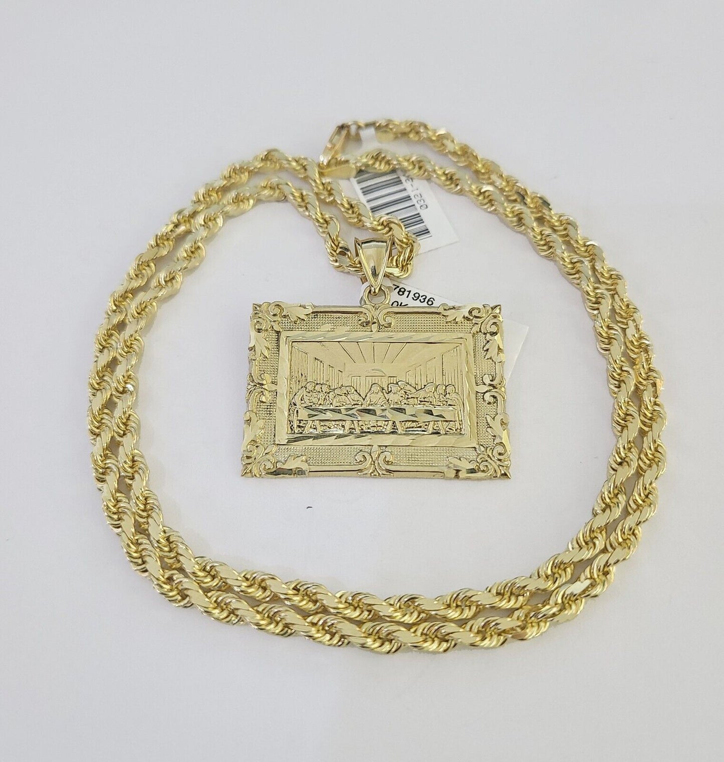 10k Solid Rope Chain Last Supper Charm Set 4mm 18"-30" Necklace Gold Pendant