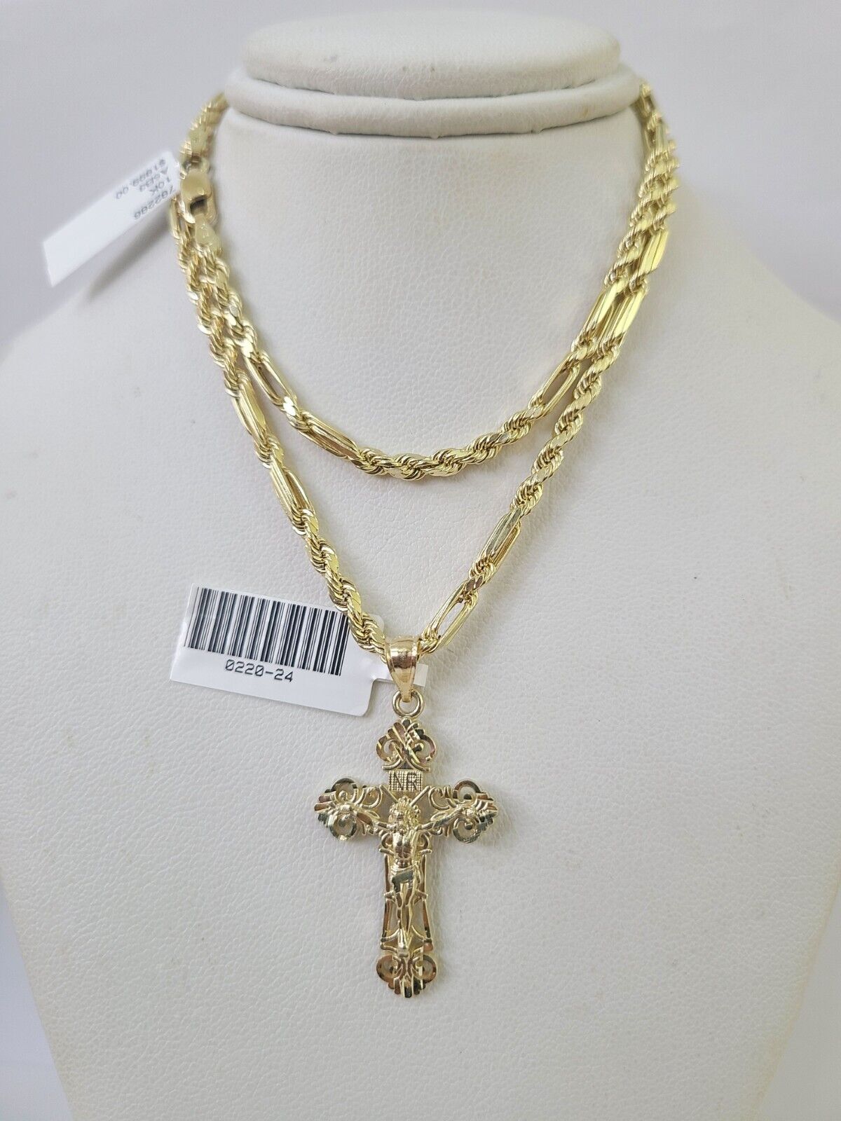 10k Milano Rope Chain INRI Cross Charm Necklace SET 3mm 18" 20" 22" 24" Pendant