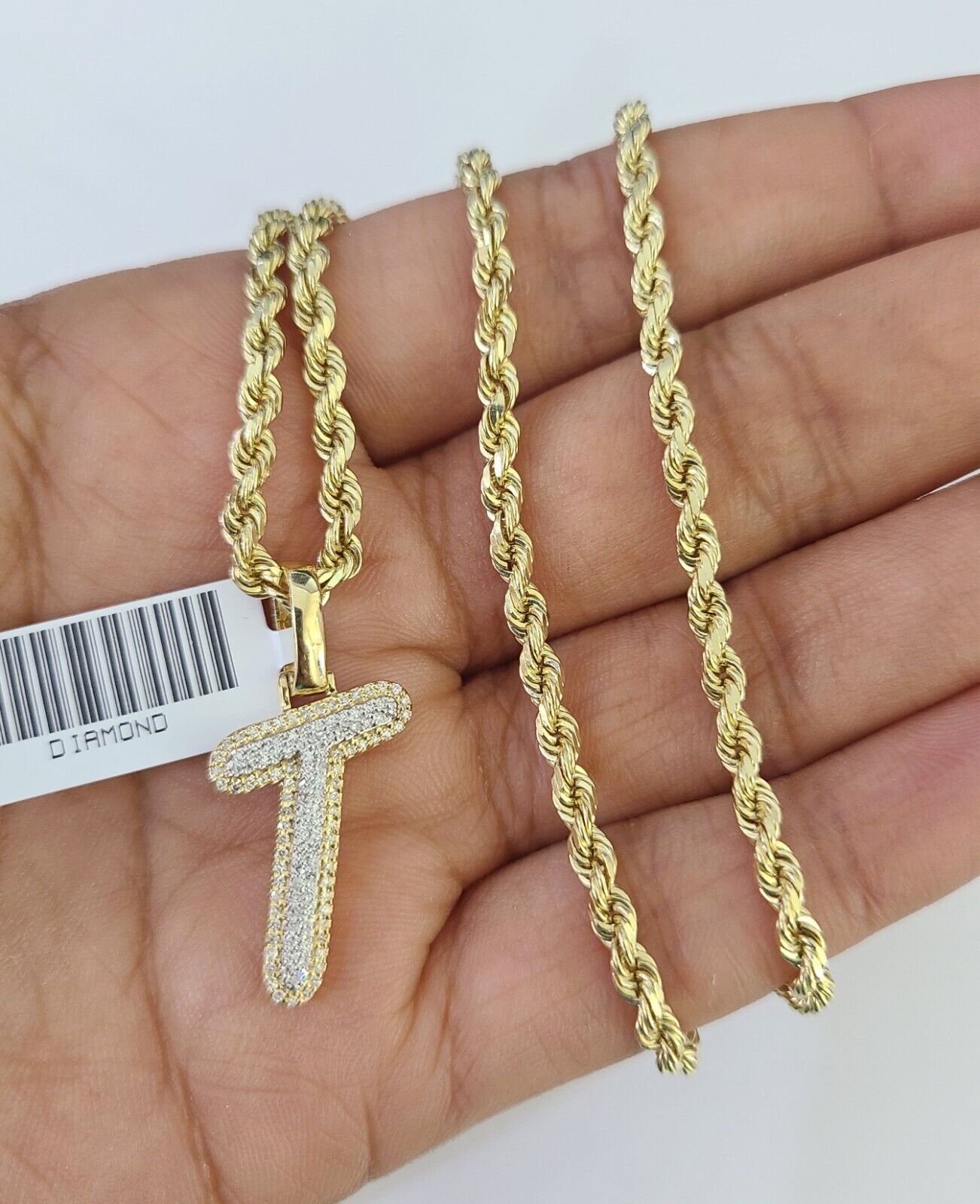 10k 3mm Rope Solid Chain T Diamond Pendant Alphabet 18"-28" Gold Charm Necklace