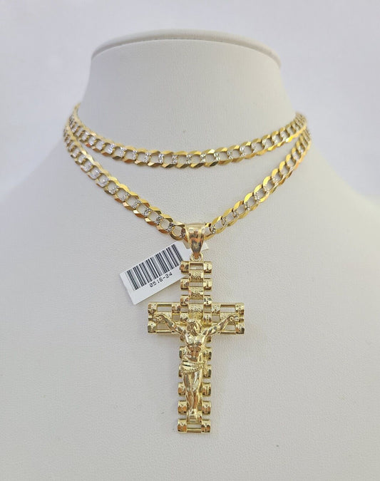 10k Solid Gold Cuban Curb Chain Jesus Cross Pendant 6mm 20"-30" SET Necklace