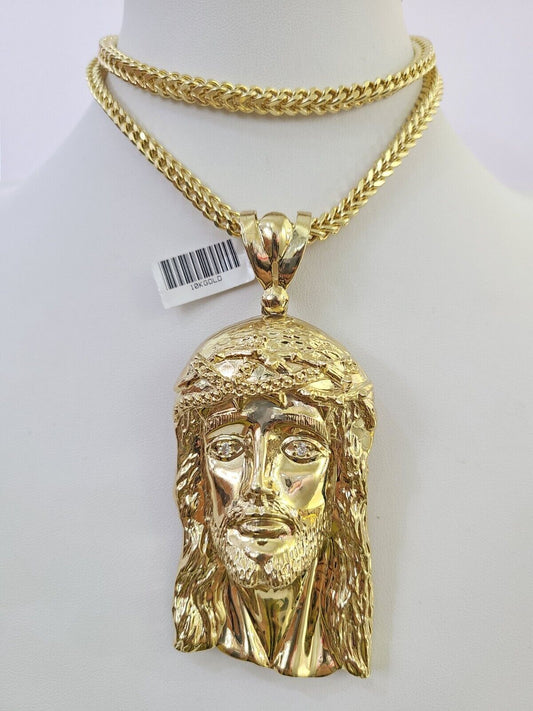 10K Franco Chain Jesus Head Pendant Charm Necklace 20"-26" 5mm Gold Yellow SET