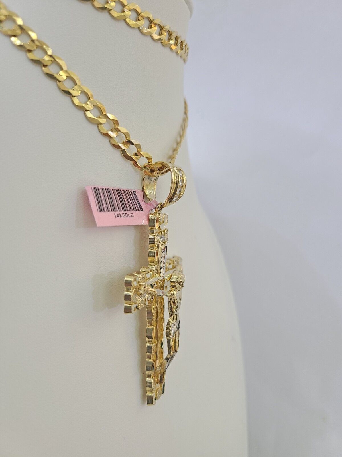 14k Gold Chain Jesus Cross Charm Solid Cuban Curb 5mm 20"-28" Inch SET Necklace