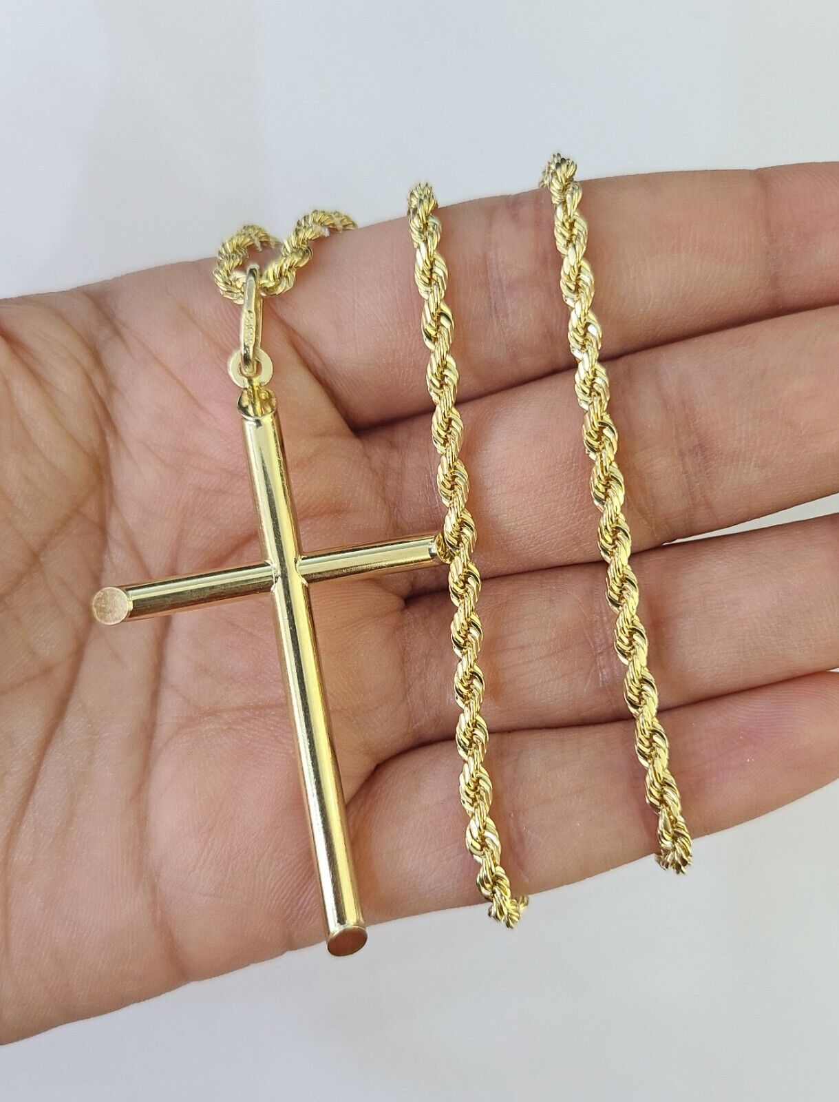 10k 3mm Rope Chain Jesus Cross Pendant 18"-30" Yellow Gold Set Charm Necklace