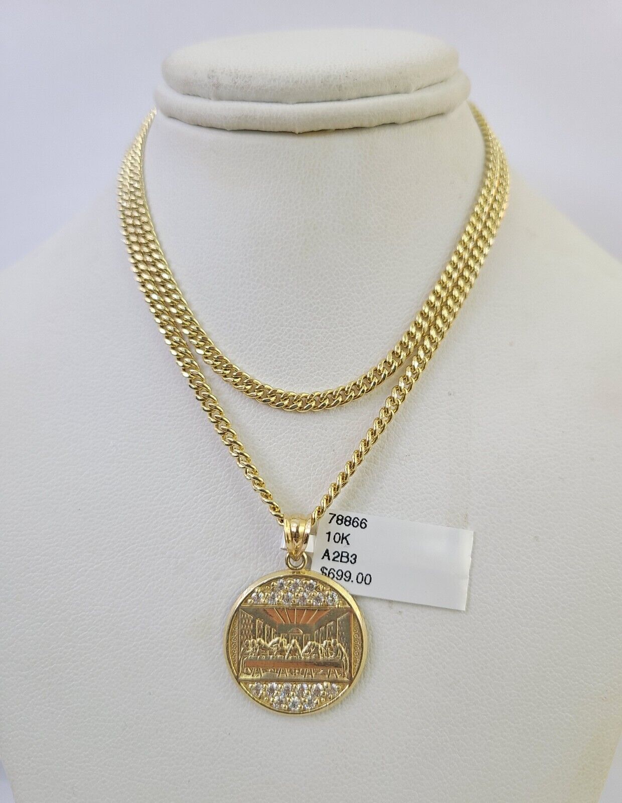 10K Gold Miami Cuban Chain Mayan Calendar 18"-28" 3mm Pendant Necklace SET