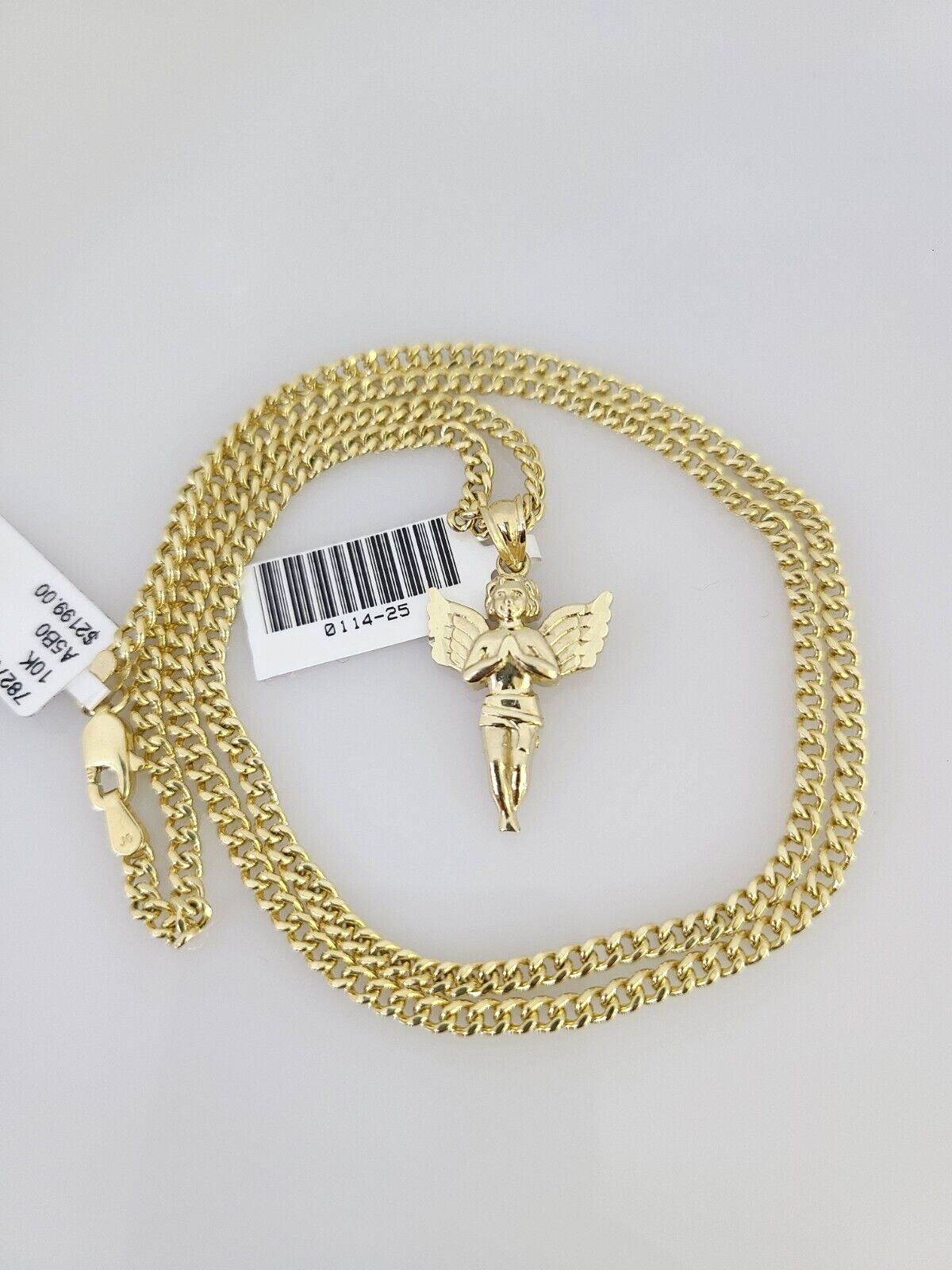 10k Gold Miami Cuban Chain Praying Angel Charm Pendant 3mm 18-28in Necklace Set